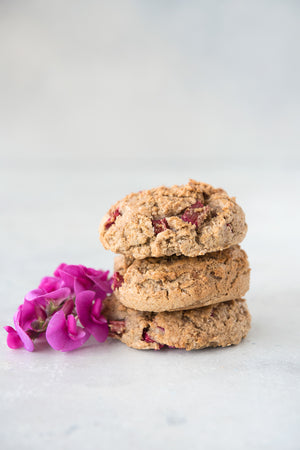 
                  
                    Load image into Gallery viewer, stack gluten free vegan maple berry scones displayed with flowers
                  
                