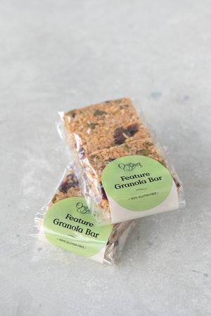 
                  
                    Load image into Gallery viewer, stack of 2 gluten free granola bar packs, 2 squares in each compostable cellulose bag with Origin Bakery sticker
                  
                