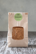 toasted gluten free breadcrumbs 500g in paper window tin tie bag with Origin Bakery sticker