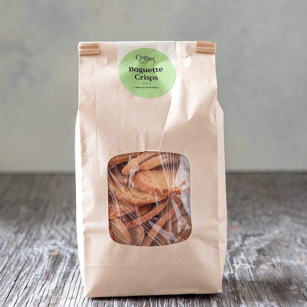 gluten free baguette crackers in paper window tin tie bag 250g Origin Bakery label
