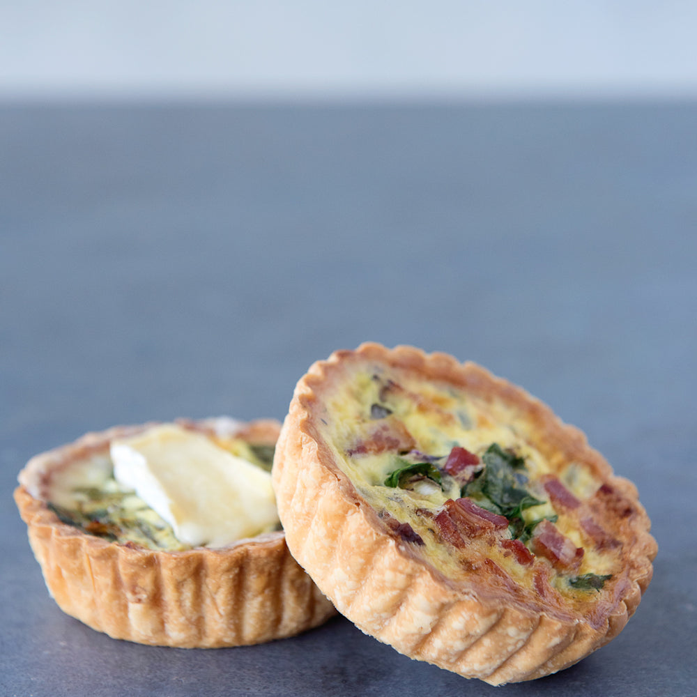 2 gluten free quiche, bacon & cheddar, spinach & brie