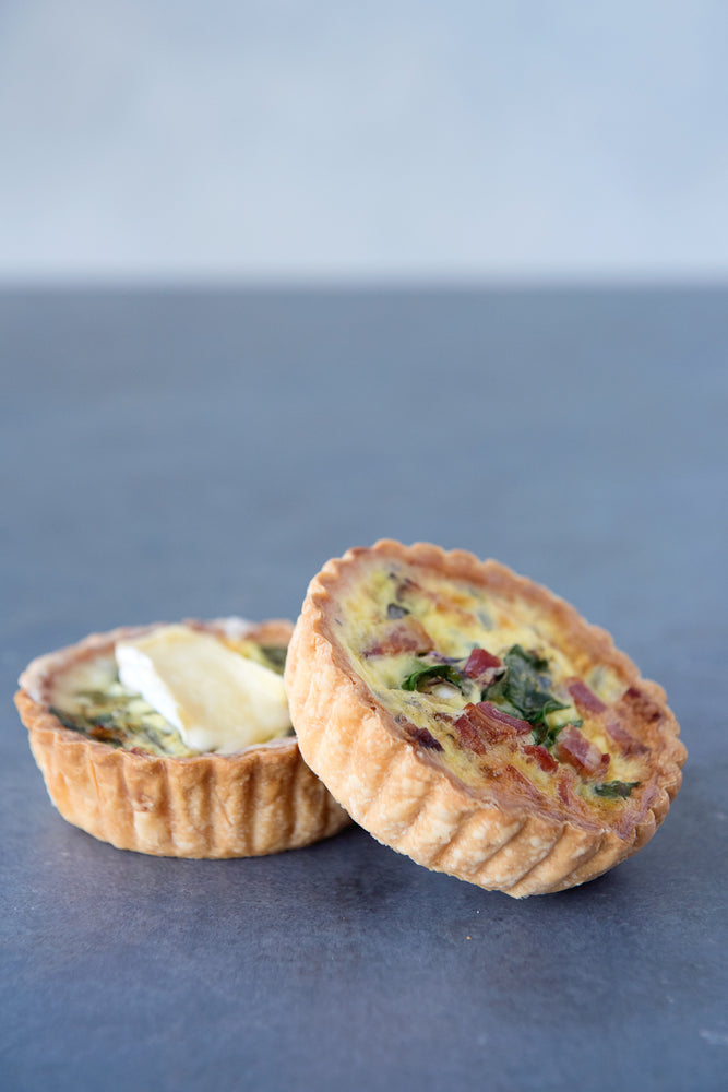 2 gluten free quiche, bacon & cheddar, spinach & brie