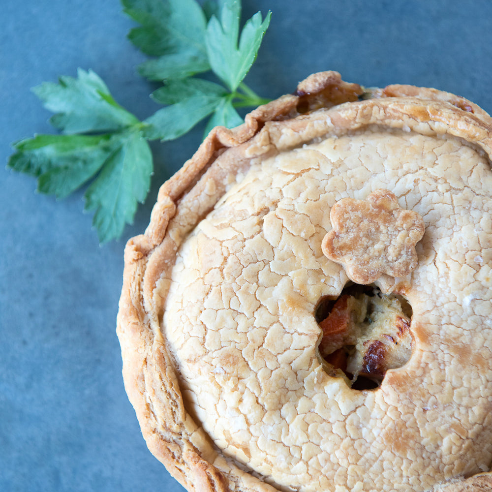 top view gluten free 6" meat pie shown with parsley