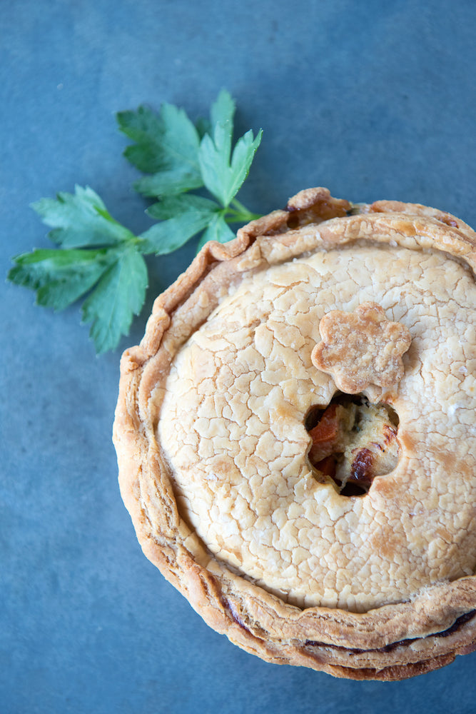 top view gluten free 6" meat pie shown with parsley