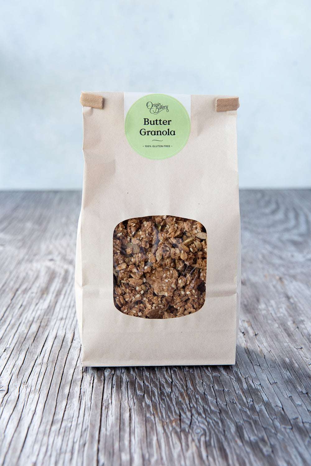 gluten free granola 500g in paper window tin tie bag with Origin Bakery sticker