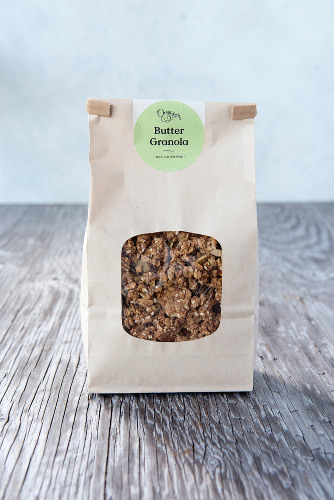 gluten free granola 500g in paper window tin tie bag with Origin Bakery sticker