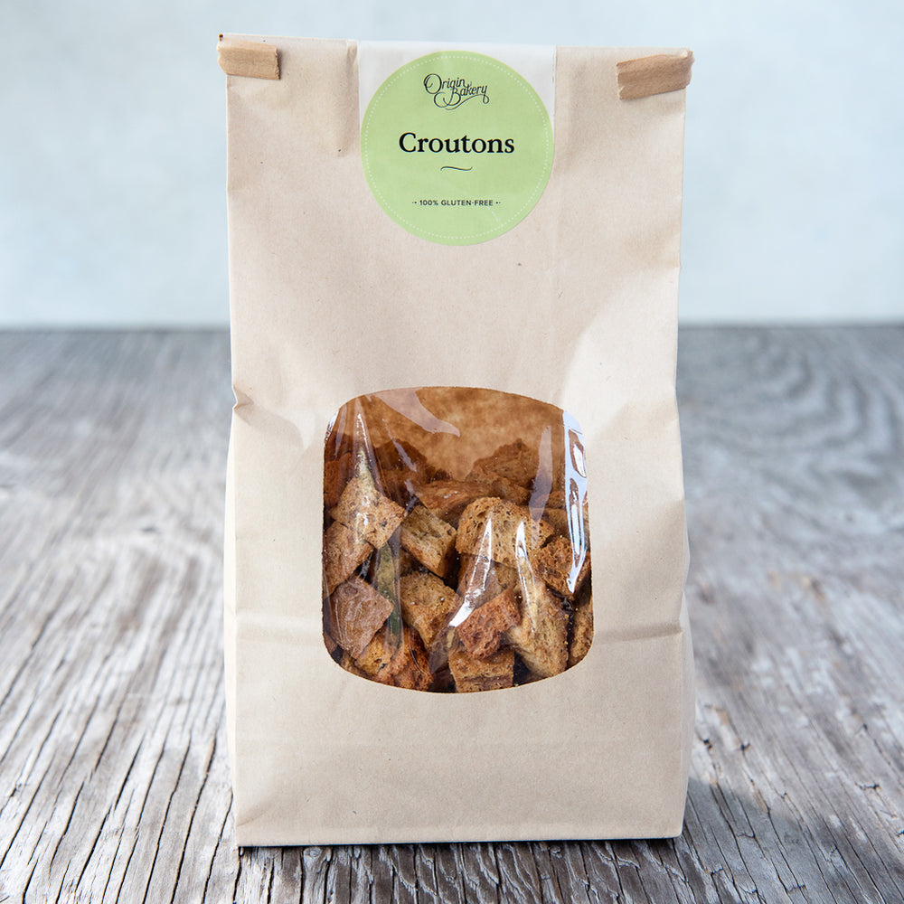 250g gluten free croutons in paper window tin tie bag with Origin Bakery sticker