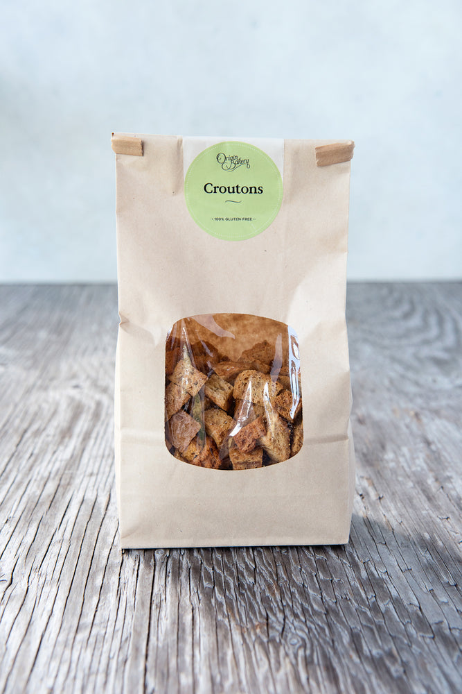 250g gluten free croutons in paper window tin tie bag with Origin Bakery sticker