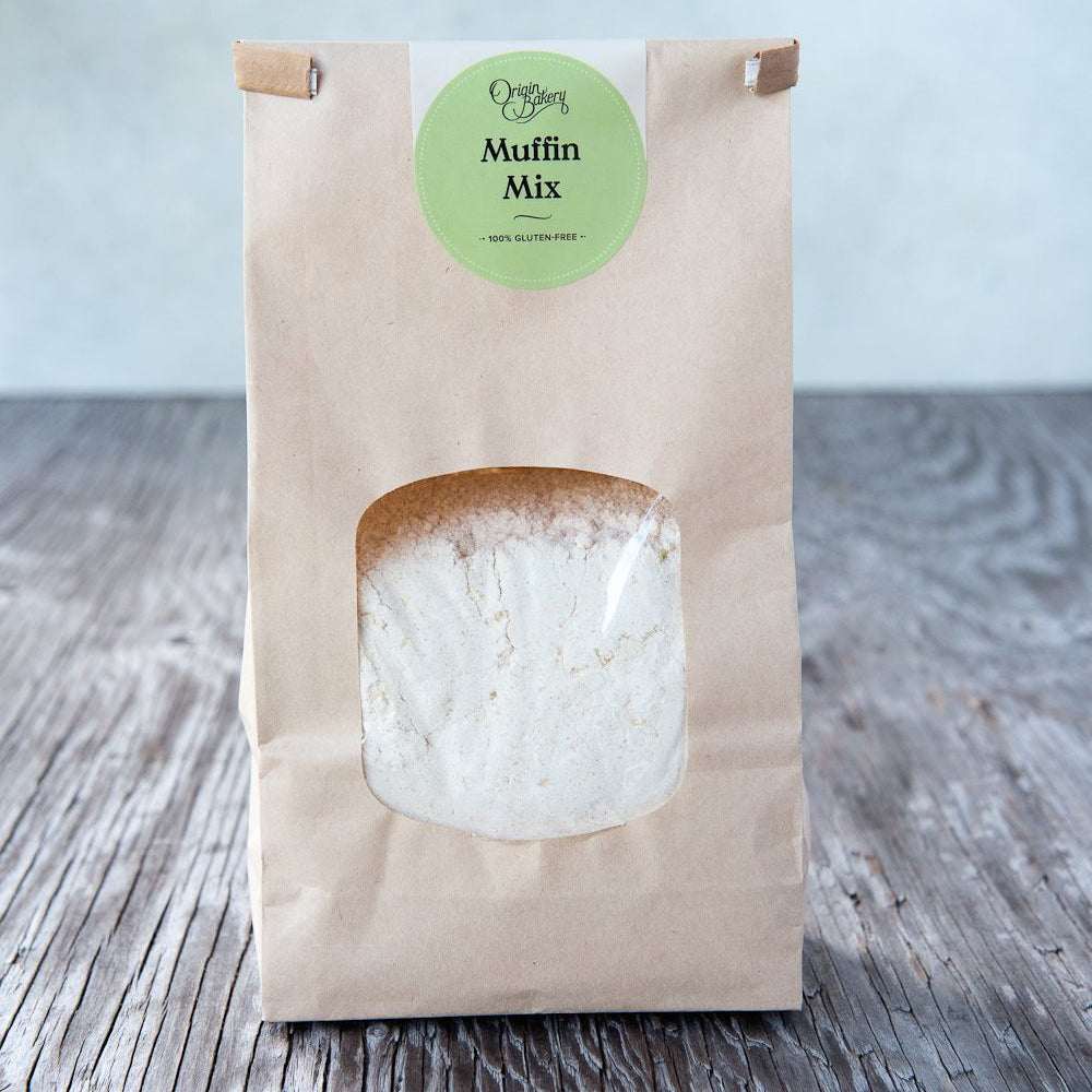 gluten free muffin mix in paper window tin tie bag with Origin Bakery sticker