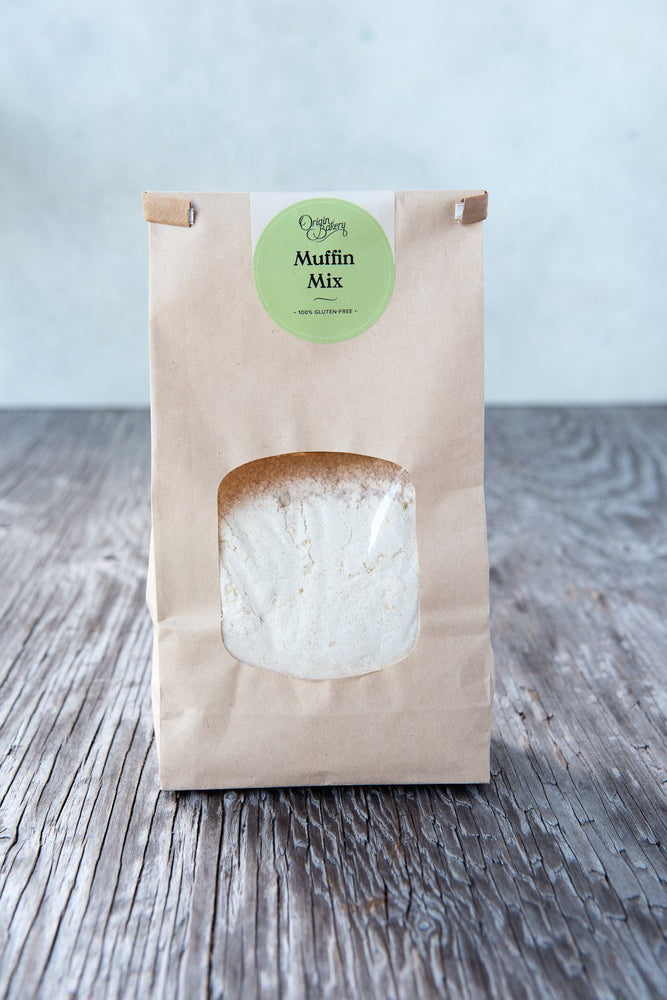 gluten free muffin mix in paper window tin tie bag with Origin Bakery sticker