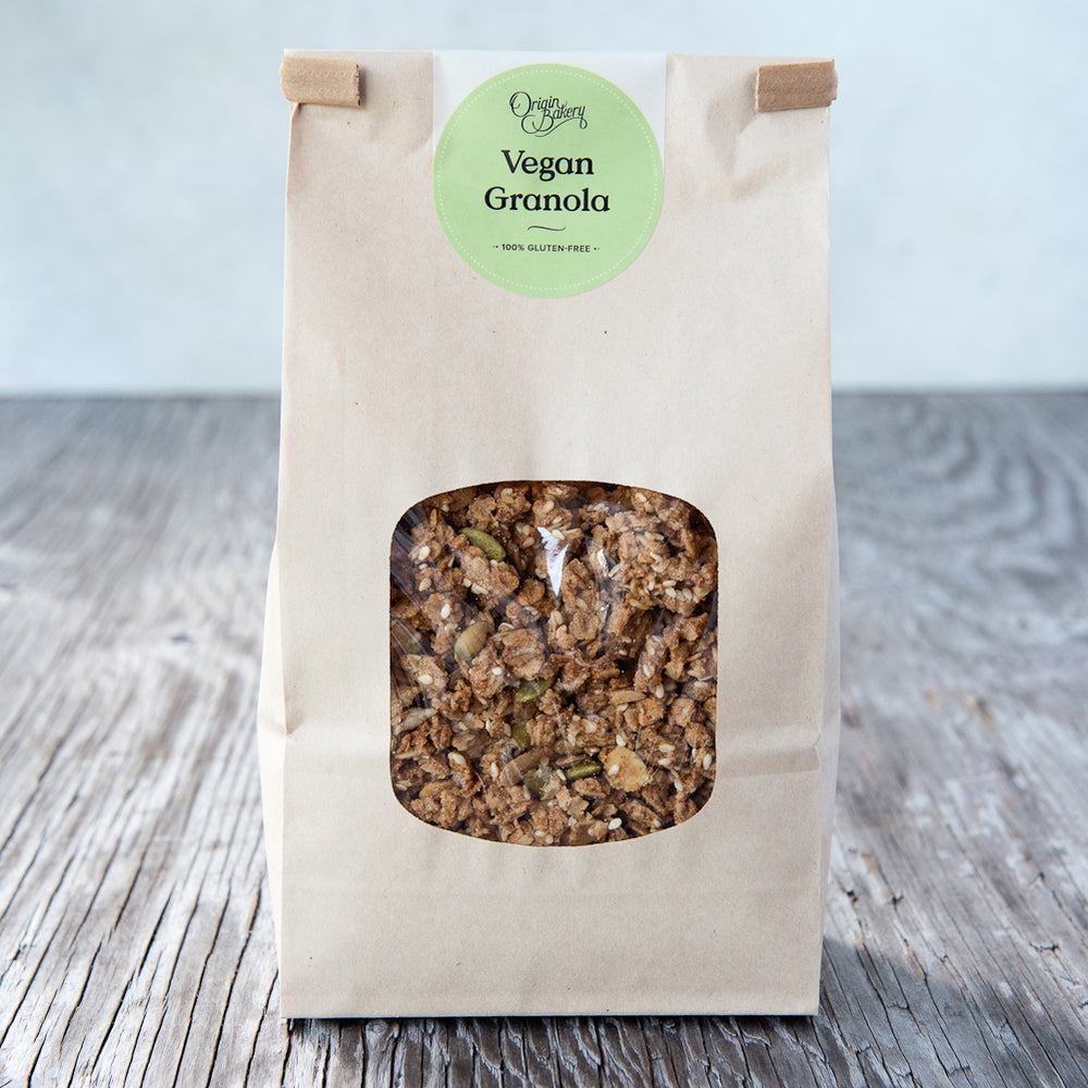 
                      
                        gluten free vegan granola 500g in paper window tin tie bag with Origin Bakery sticker
                      
                    