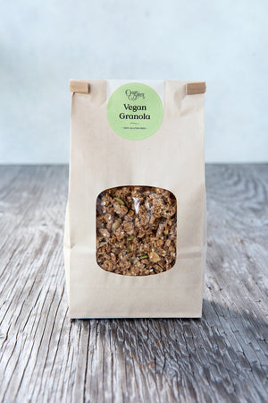 
                  
                    Load image into Gallery viewer, gluten free vegan granola 500g in paper window tin tie bag with Origin Bakery sticker
                  
                